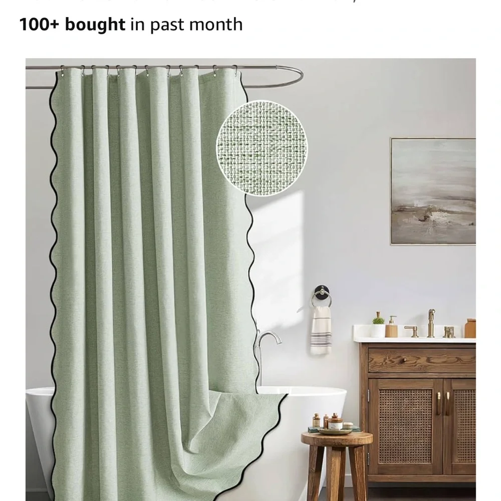Sage Green Shower Curtain Linen with 12 Metal Hooks Black Scalloped Border